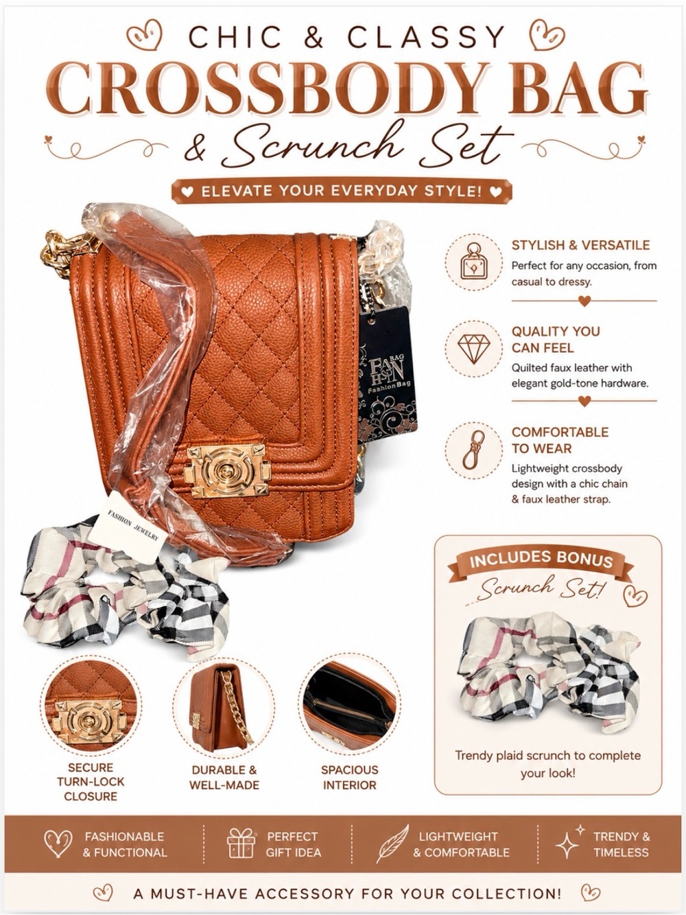 CHIC CLASSY QUILTED CROSSBODY BAG & PLAID 2 PC. HAIR SCRUNCHY SET